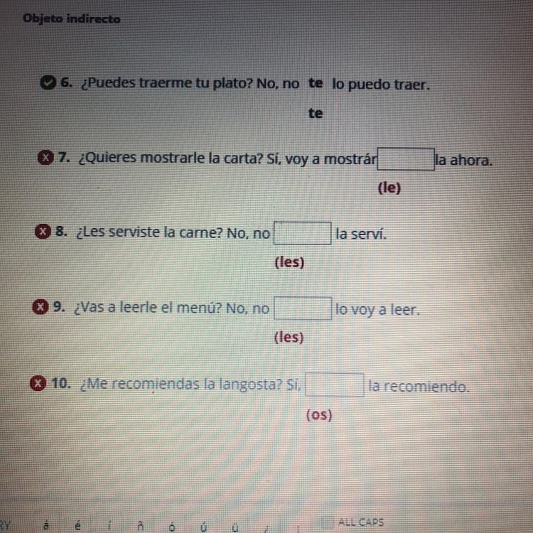 Complete each sentence with the missing indirect object pronoun. Someone please help-example-1