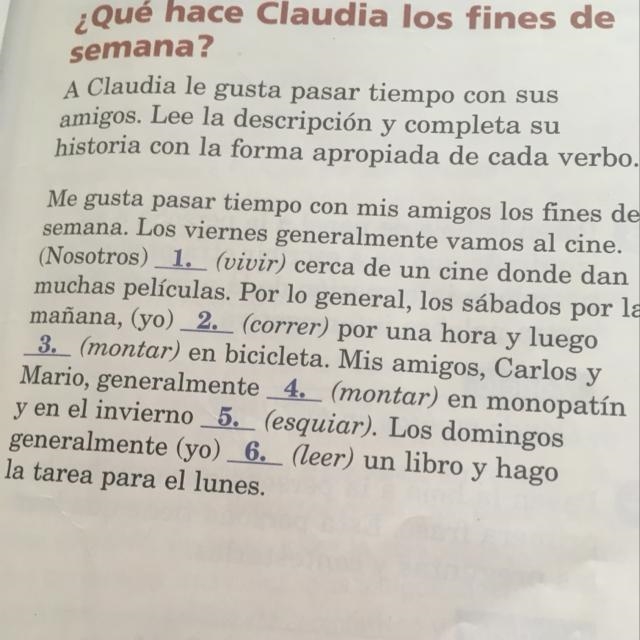 ¿Qué hace Claudia los fines de semana?-example-1