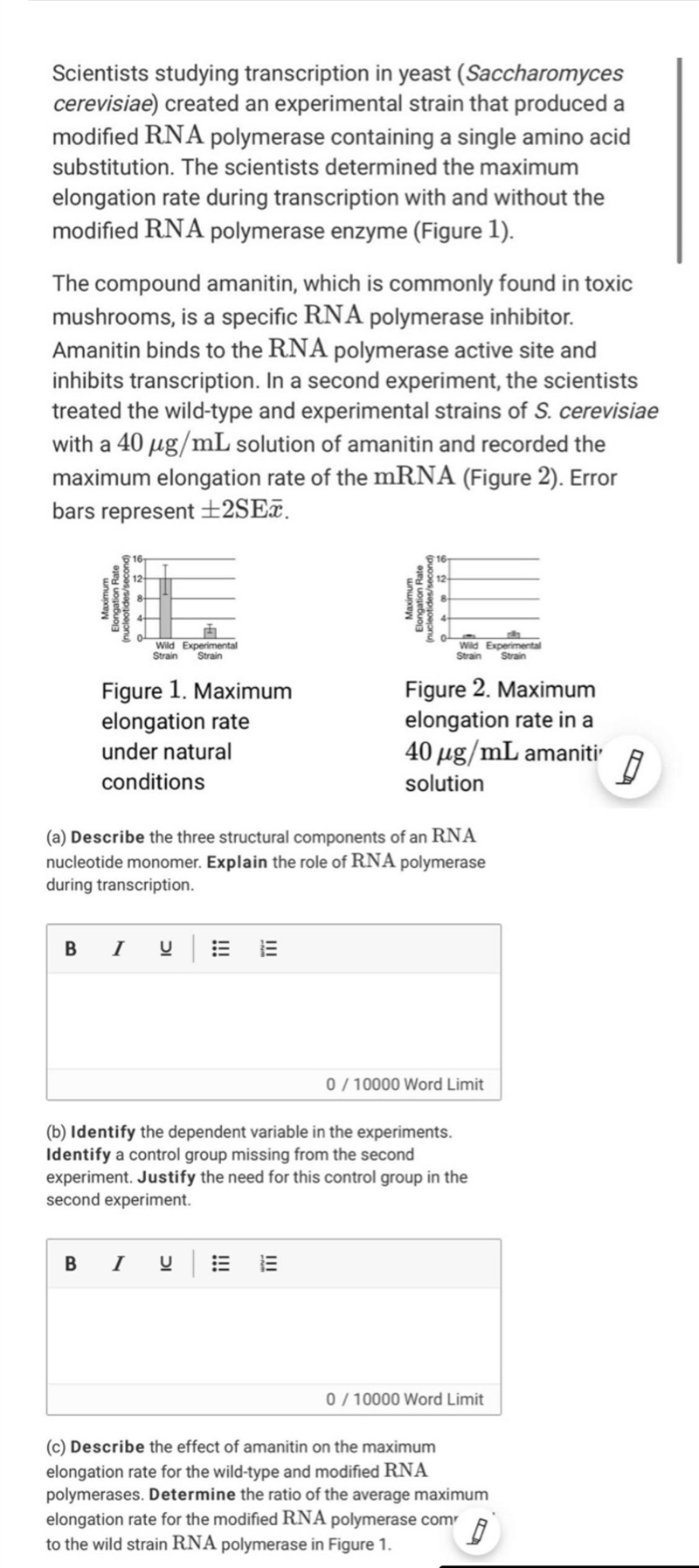 Describe the effect of amanitin on the maximum elongation rate for the wild-type and-example-1