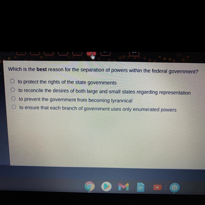 Which is the best reason for the separation of powers within the federal government-example-1