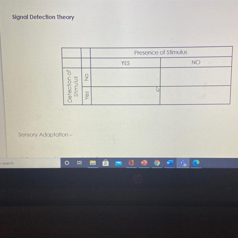 Signal Detection Theory Presence of Stimulus YES NO Detection of Stimulus Yes No NI-example-1