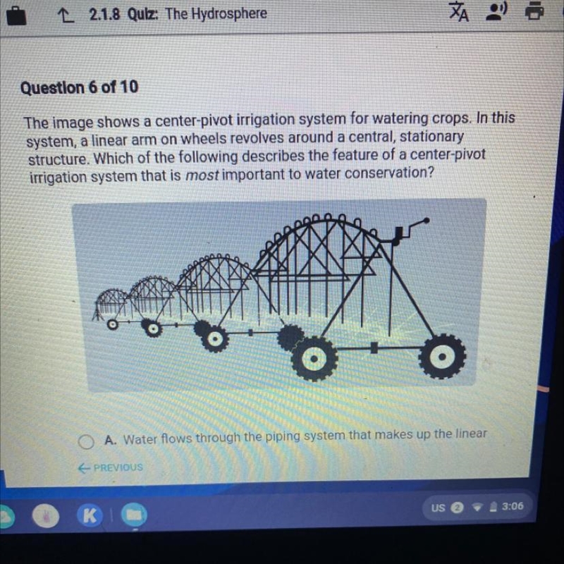 The image shows a center-pivot irrigation system for watering crops. In this system-example-1