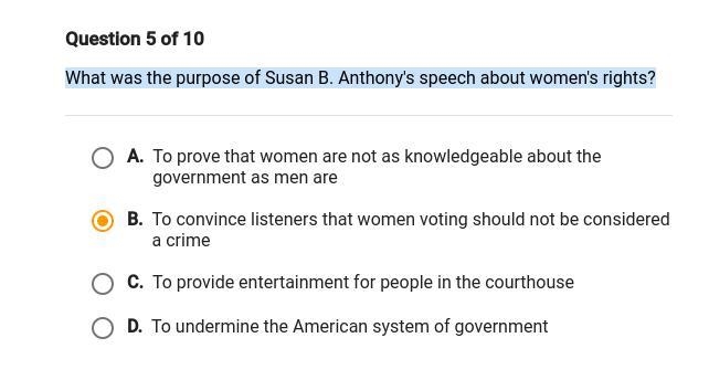 What was the purpose of Susan B. Anthony's speech about women's rights? Please help-example-1