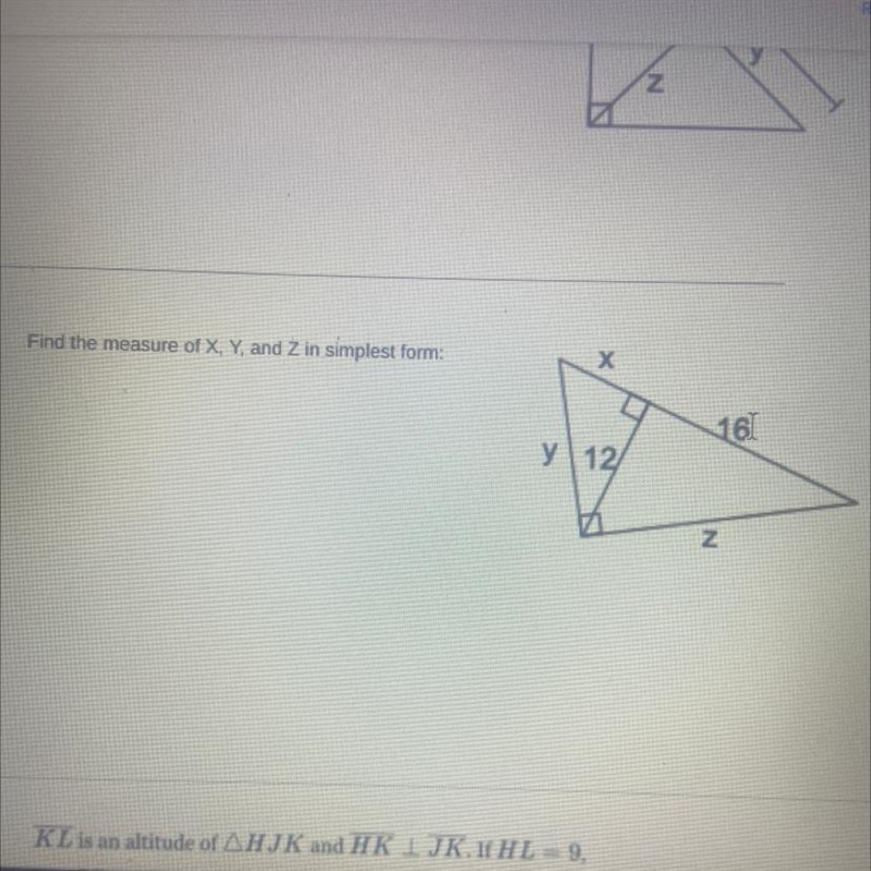 Find the measure of X, Y and Z in simplest form:-example-1