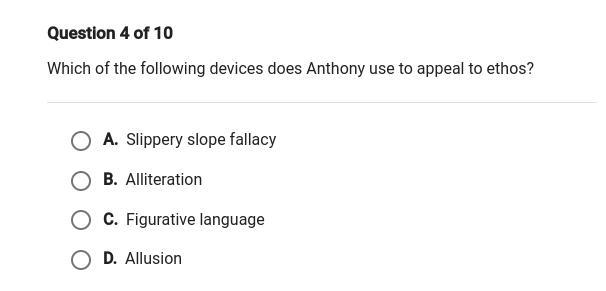 Which of the following devices does Anthony use to appeal to ethos?-example-1