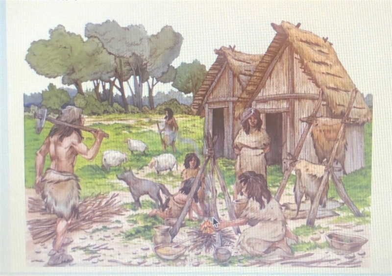 What details show that this illustration is a scene of life during the Neolithic Age-example-1