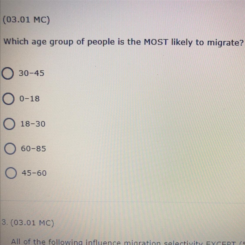 Which age group is most likely to migrate? Answer options are listed in pic-example-1