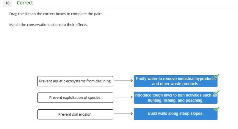 Match the conservation actions to their effects. Build walls along steep slopes. Purify-example-1