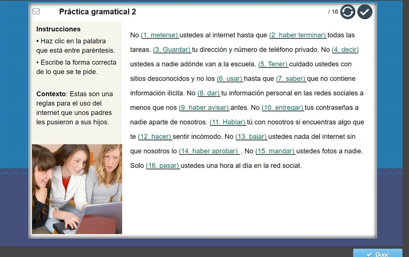 (AP SPANISH)(HELP) I need help with the answers for spanish grammar questions-example-1