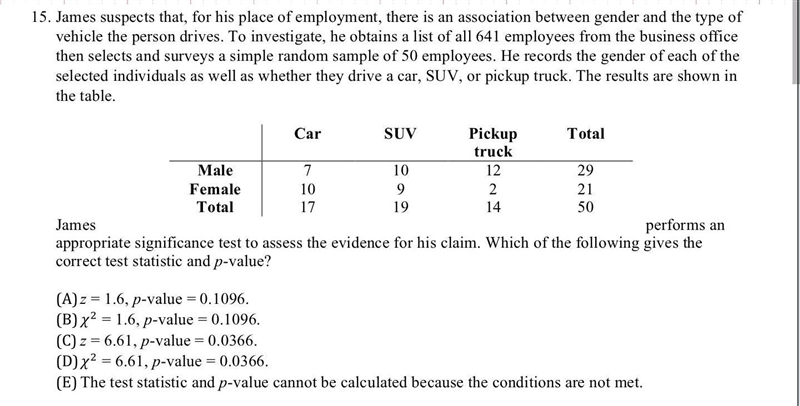 15. Which of the following gives the correct test statistic and p-value?​-example-1