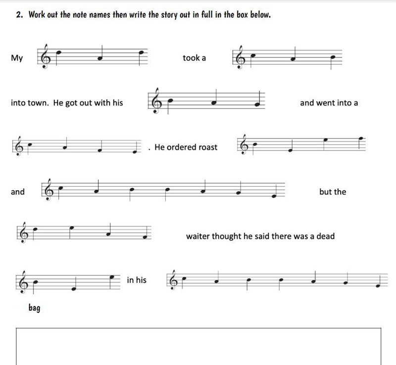 Work out the note names then write the story out in full in the box below. 150 Points-example-1