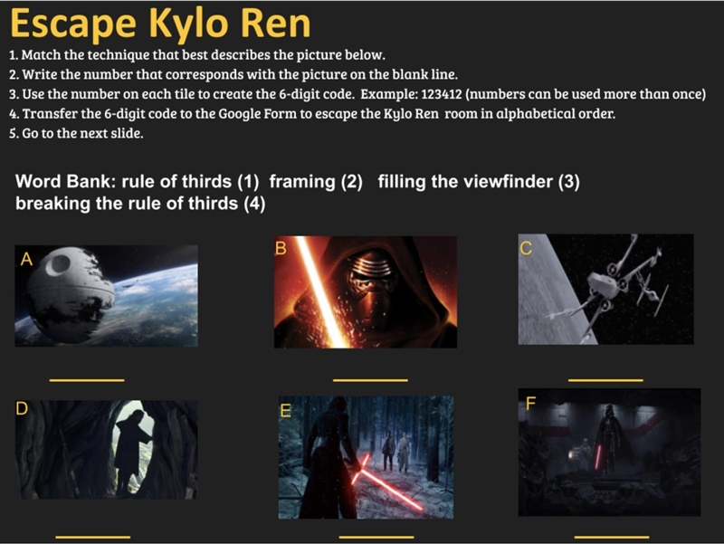 Kylo Ken Room Insert the code from the Kylo Ren Room to escape. Can you use the force-example-1