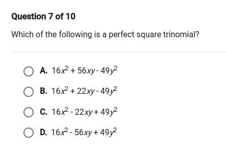 Which of the following is a perfect square trinomial? PLEASE HELP THANKS-example-1