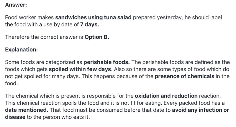 A worker makes sandwiches using tuna salad prepared yesterday. How should the food-example-1