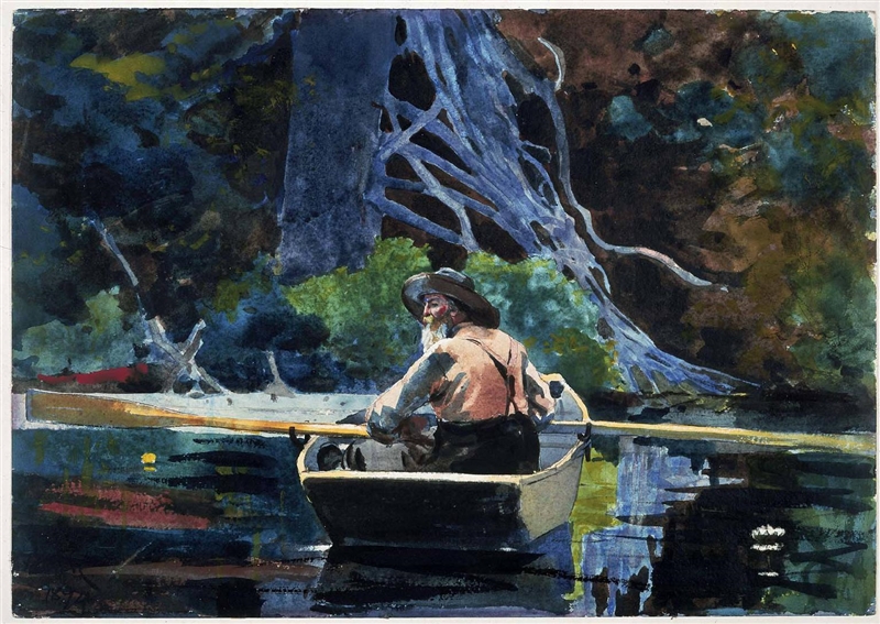 A painting of the back of a man in a row boat in the water. There are trees in the-example-1