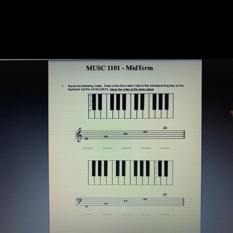 MUSC 1101 - MidTerm 1. Name the following notes. Draw a line from each note to the-example-1