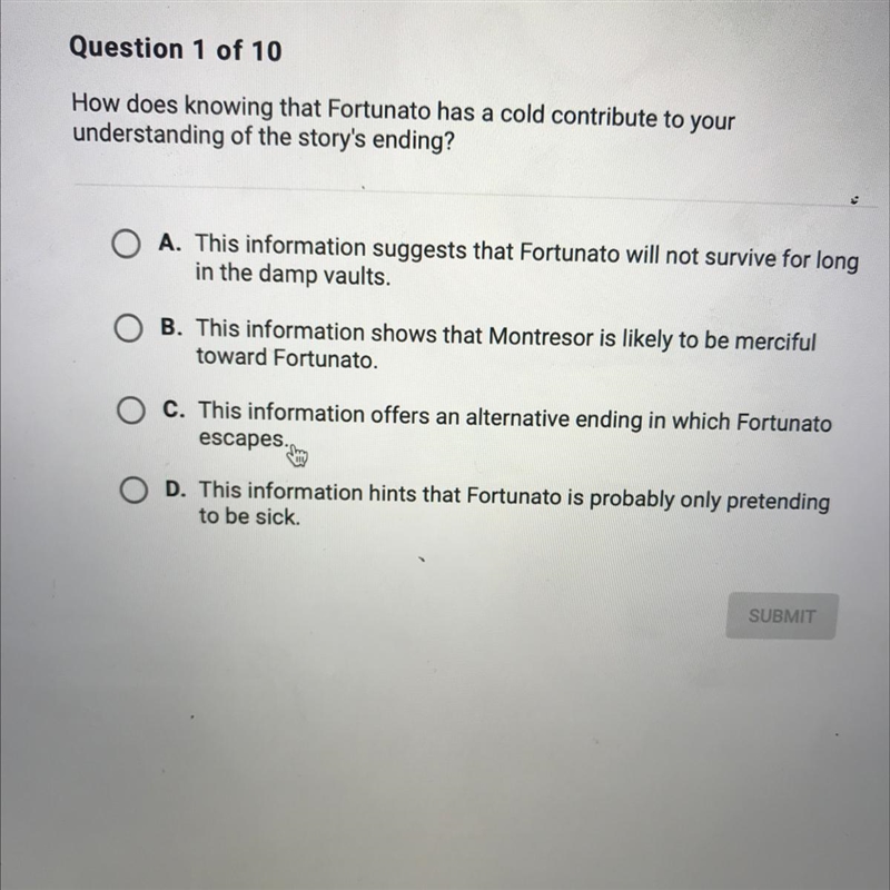 Please help!! How does knowing that Fortunato has a cold contribute to your understanding-example-1