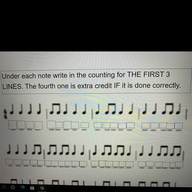 Under each note write in the counting for THE FIRST 3 LINES. The fourth one is extra-example-1