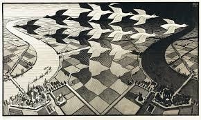 How does mc escher use value in this artwork Write 2 sentences saying how he uses-example-1