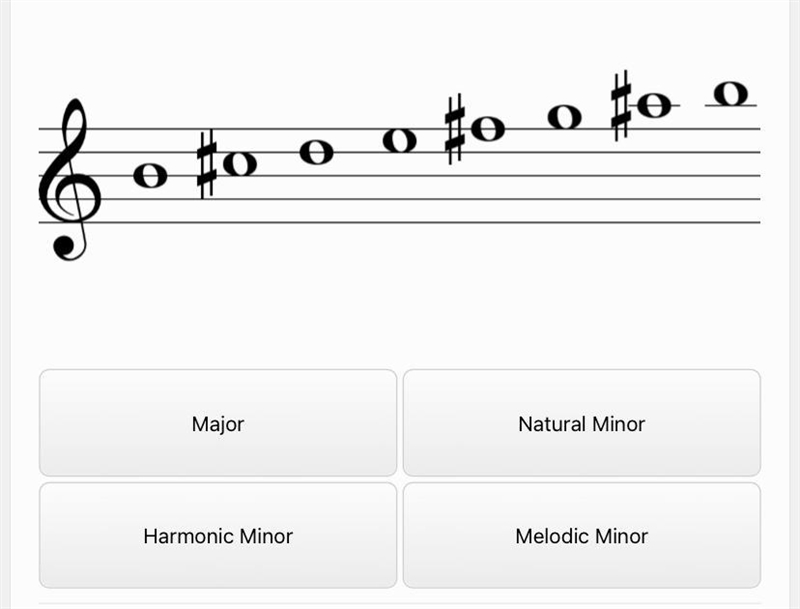 ￼ Helppppppp I need to know if it’s a major, natural minor, harmonic minor, or melodic-example-1