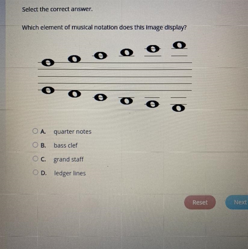 A. Quarter notes B. Bass clef C. Grand staff D. Ledger lines-example-1