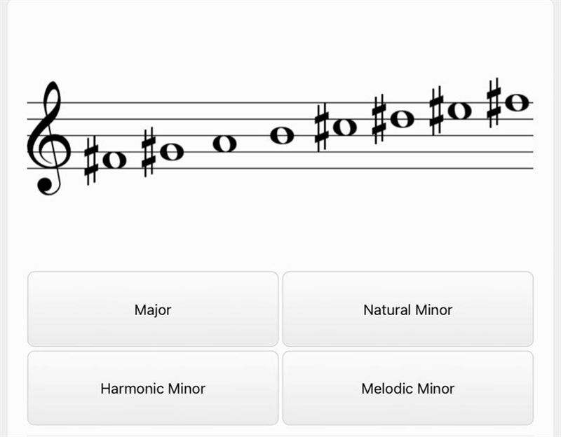 ￼ Helppppppp I need to know if it’s a major, natural minor, harmonic minor, or melodic-example-1