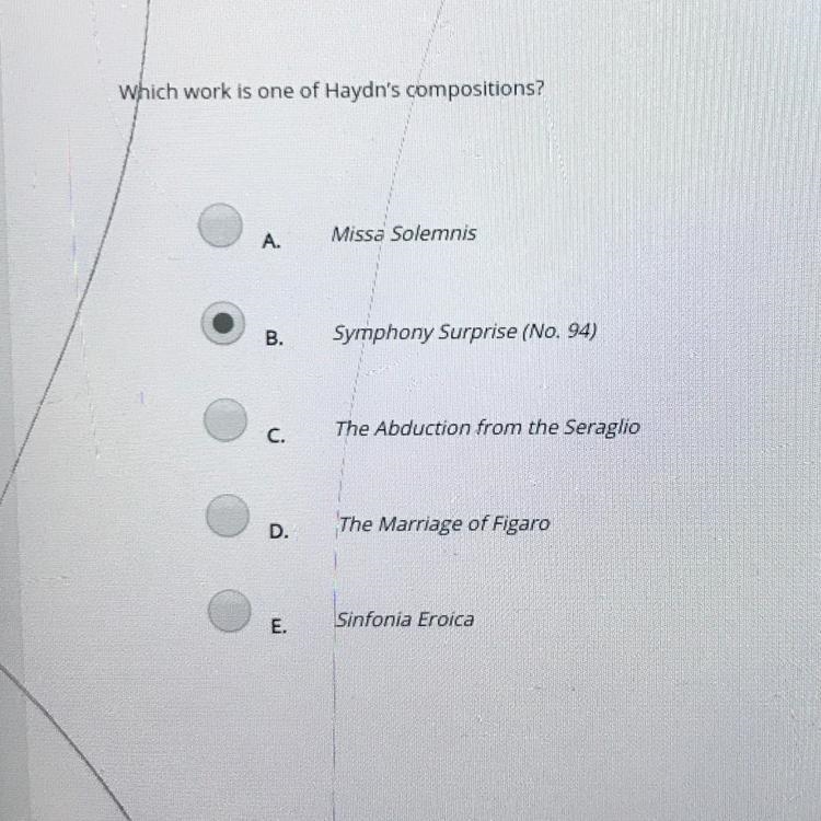 Which work is one of Haydn's compositions? Missa solemns B Symphony Surprise (Na c-example-1