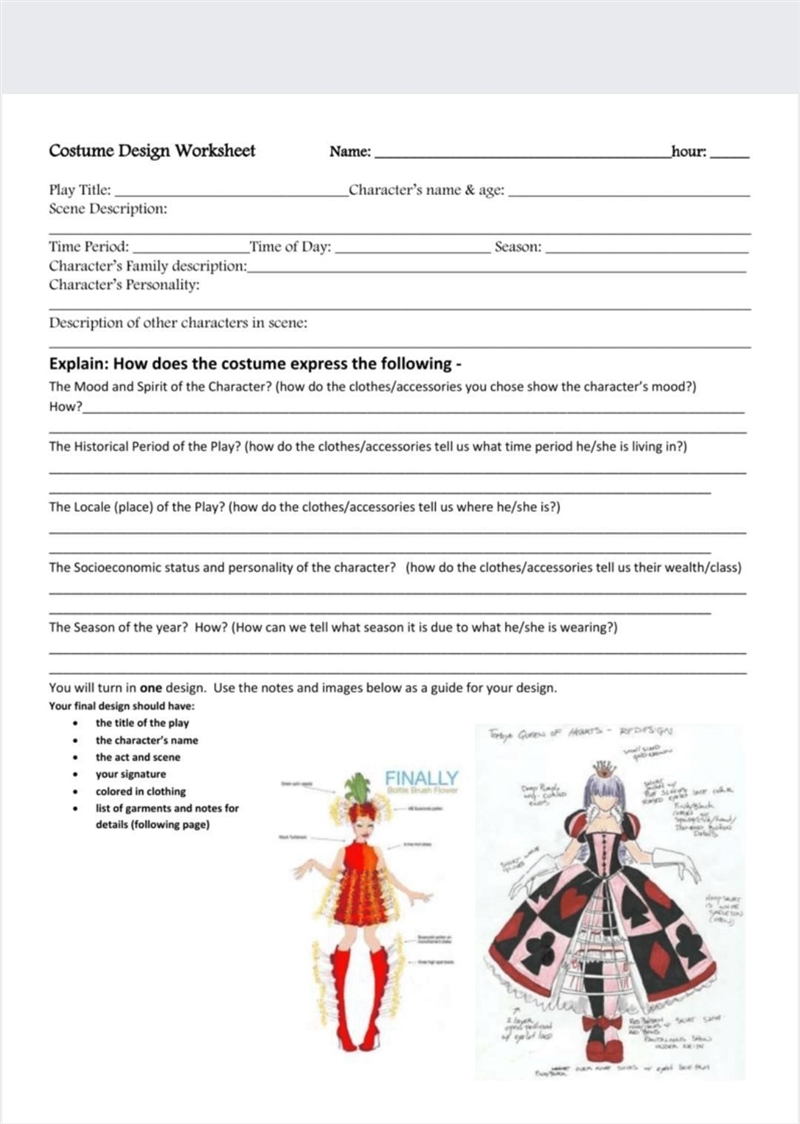 Costume Design Worksheet Name: hour: Play Title: Character's name & age: Scene-example-1