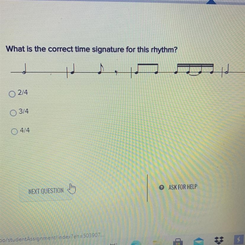 What is the correct time signature for this rhythm? 2/4 3/4 4/4-example-1