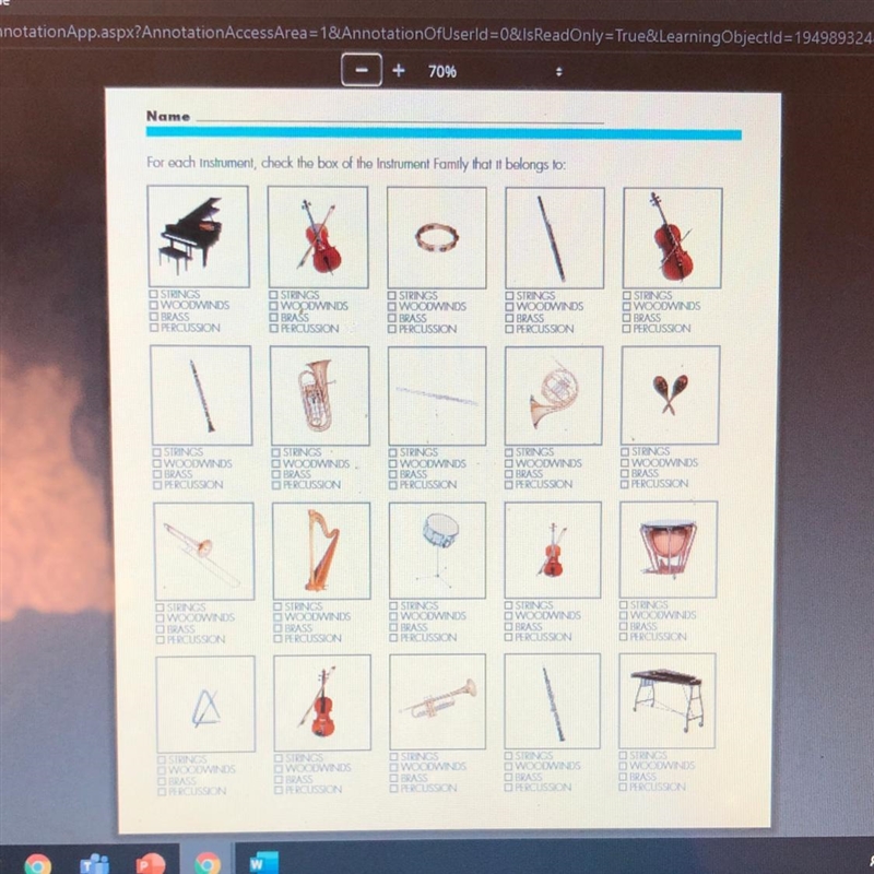 For each instrument, check the box of the Instrument Family that it belongs to STRINCS-example-1