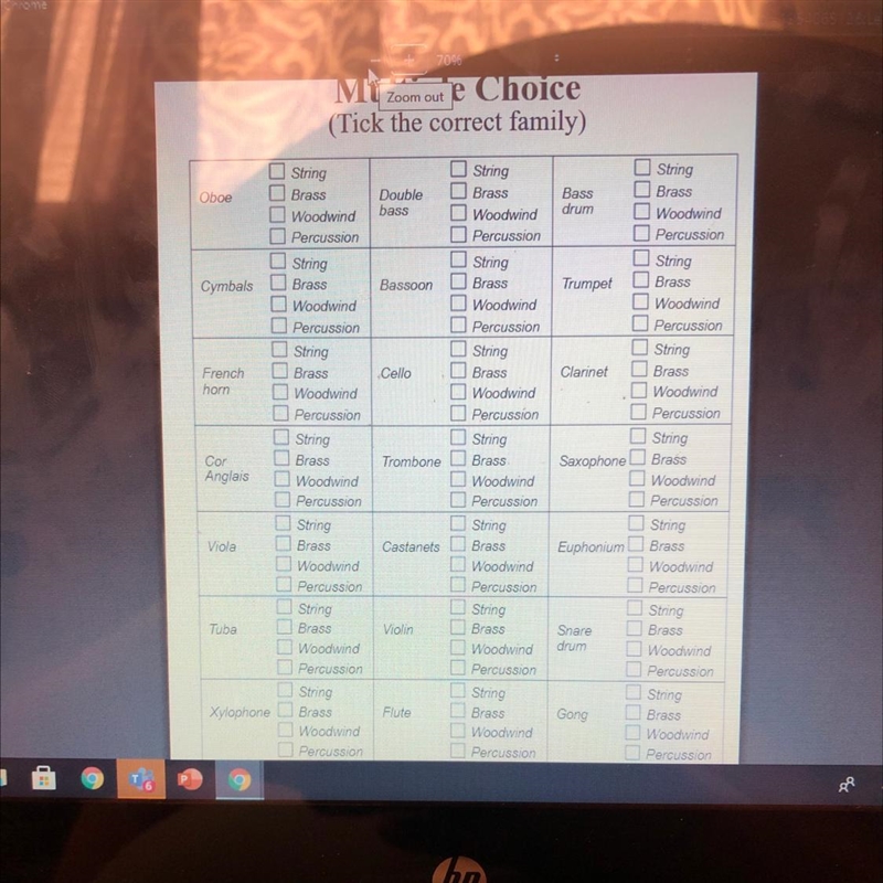 Multiple Choice (Tick the correct family) String Oboe DDDD String Brass Woodwind Percussion-example-1