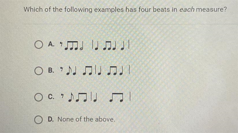 Which of the following examples has four beats in each measure? ת נמנו גללי .O A תקנות בתי O-example-1