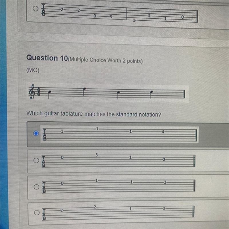 Which guitar tablature matches the standard notation?-example-1