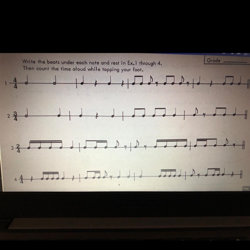 Write the beats under each note and rest in Ex.1 through 4. (Music theory)-lesson-example-1