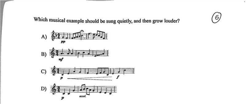 Which musical example should be sung quietly, and then grow louder?-example-1