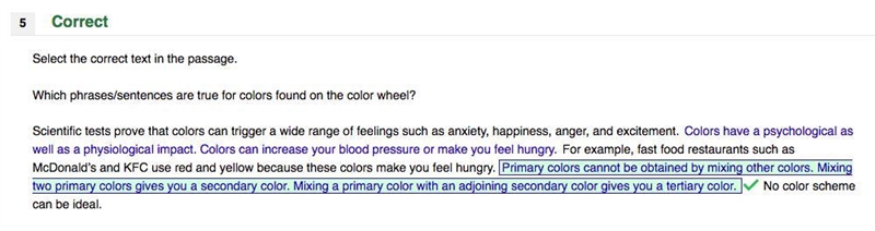 Which phrases/sentences are true for colors found on the color wheel? Scientific tests-example-1