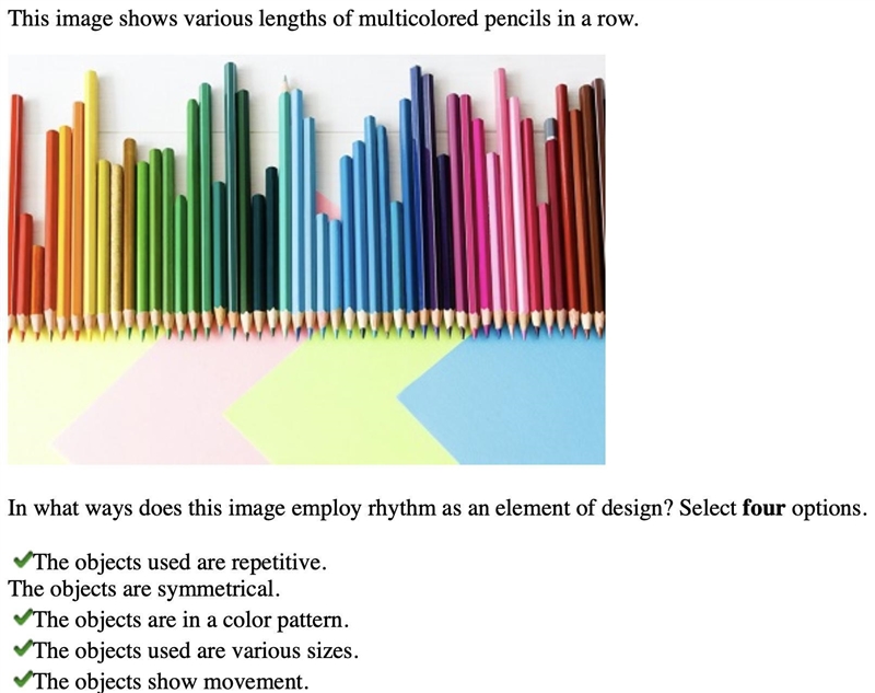 In what ways does this image employ rhythm as an element of design? Select four options-example-1