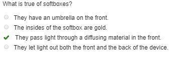 What is true of softboxes? A) They have an umbrella on the front. B) The insides of-example-1