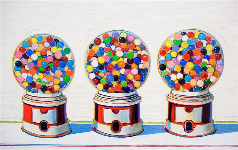 Analyze the painting Three machines by Wayne Thiebaud in two paragraphs (5-7 sentences-example-1