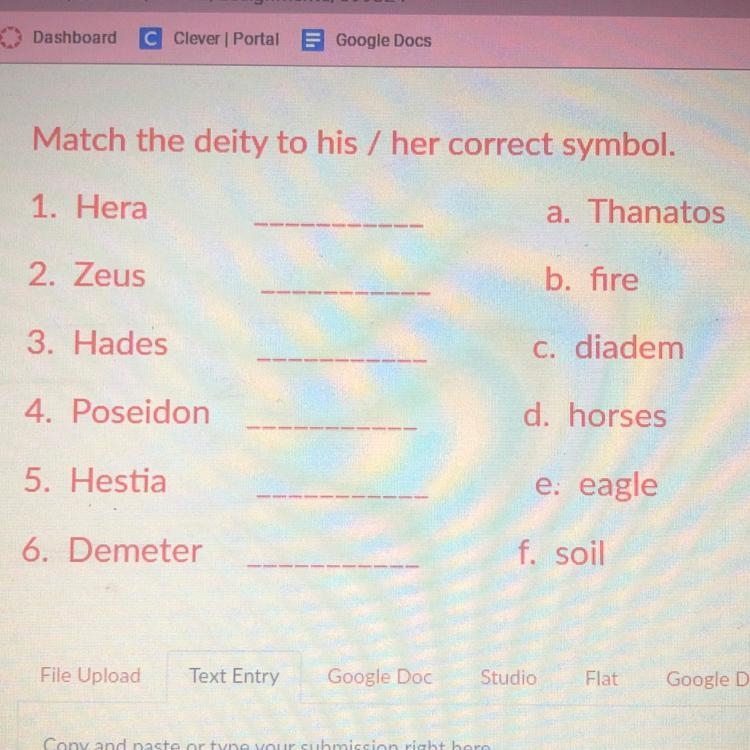 MYTHOLOGY* Match the deity to his / her correct symbol. 1. Hera. a. Thanatos 2. Zeus-example-1