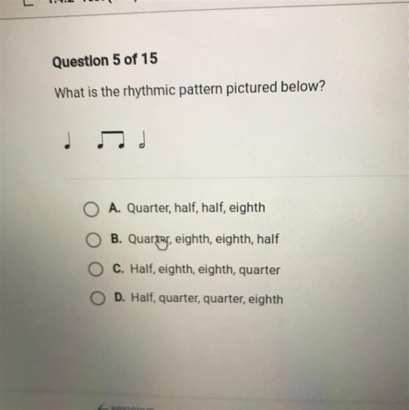 What is the rhythmic pattern pictured below? . O A. Quarter, half, half, eighth B-example-1