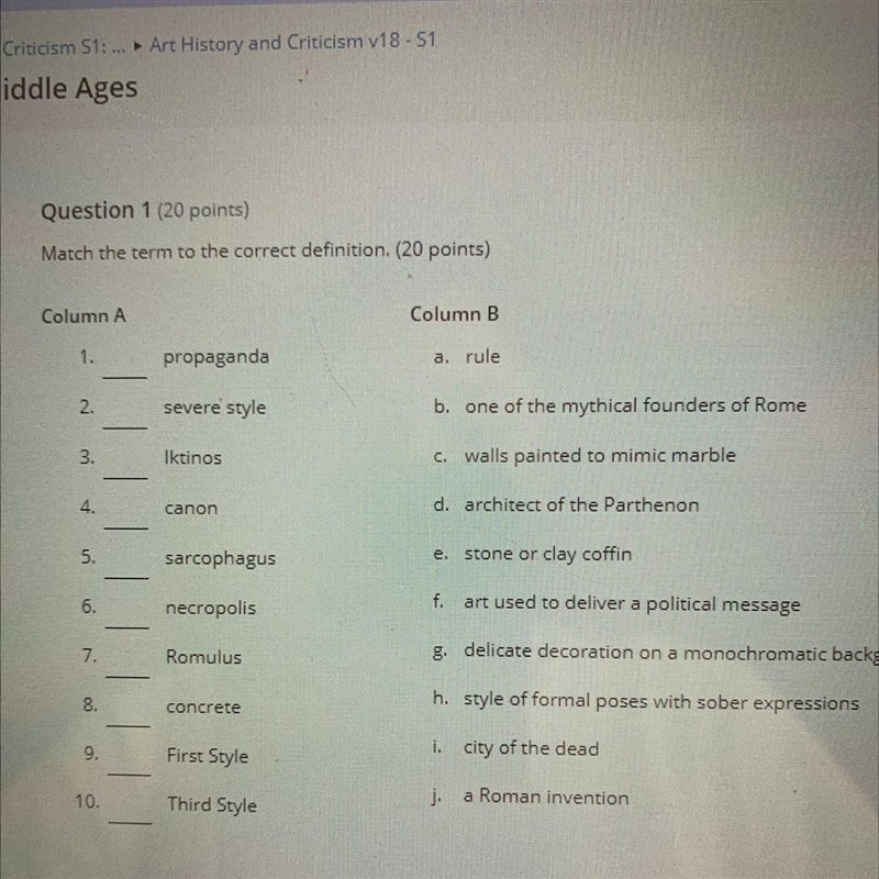 Question 1 (20 points) Match the term to the correct definition. (20 points) Column-example-1