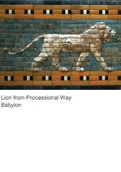 What type of artwork is the row of lions on Babylon's Processional Way? painted sunken-example-1