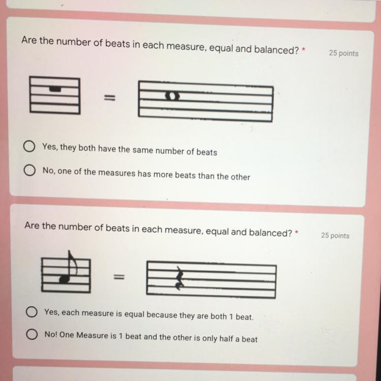 Are the number of beats in each measure, equal and balanced? * Yes, they both have-example-1