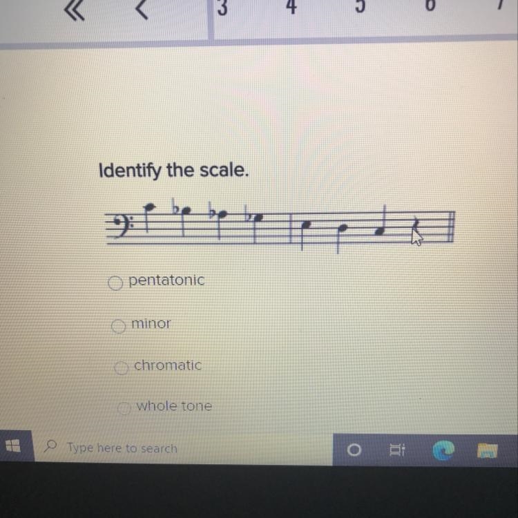 Identify the scale. 1)pentatonic 2)minor 3)chromatic 4)whole tone-example-1