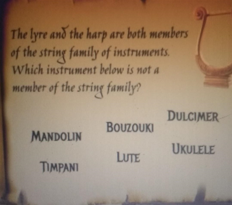 which is not a member of the string family? A. Mandolin B. Bouzouki C. Dulcimer D-example-1