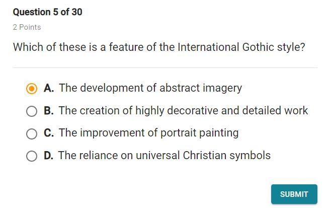 Which of these is a feature of the international gothic style?-example-1