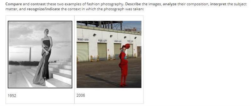 Compare and contrast these two examples of fashion photography. Describe the images-example-1