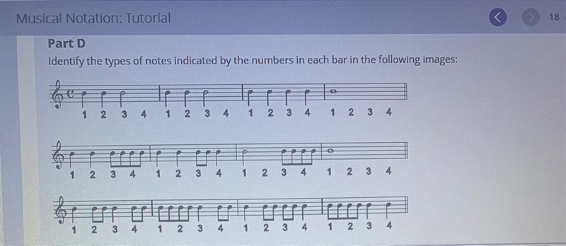 Part D Identify the types of notes indicated by the numbers in each bar in the following-example-1