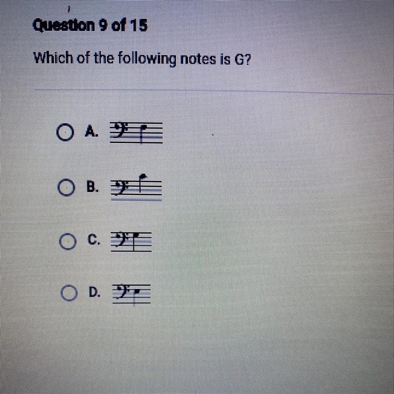 Which of the following notes is G? O A. W OB. O C. E O D.-example-1